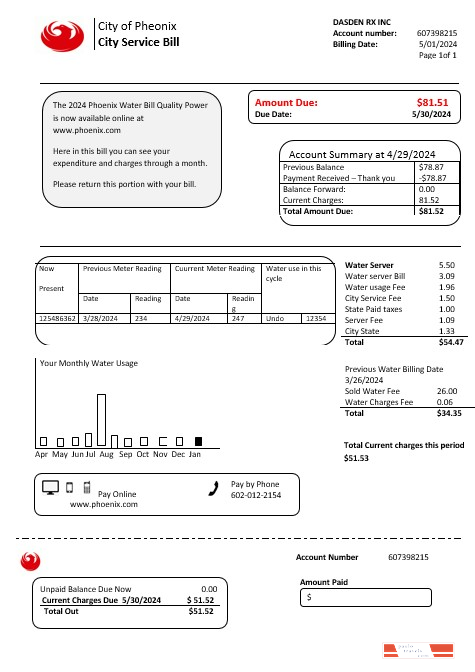 USA Arizona City of Phoenix business utility bill template in Word and PDF formats